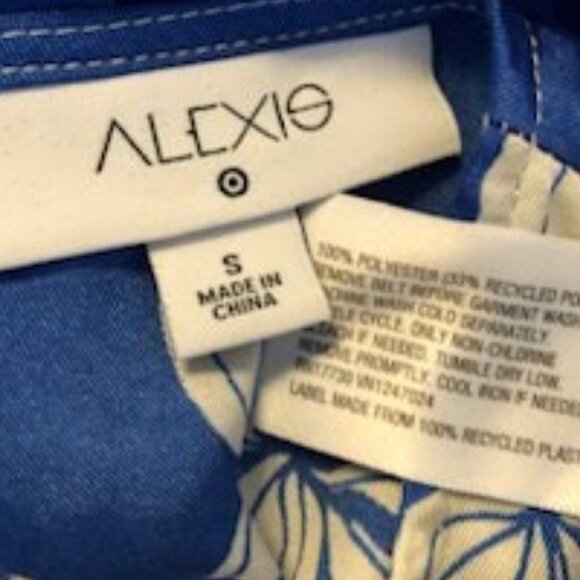 ALEXIS Silky Blue Mini Dress Floral Print Long Balloon Sleeves Rope Tie Belt S - Picture 6 of 6